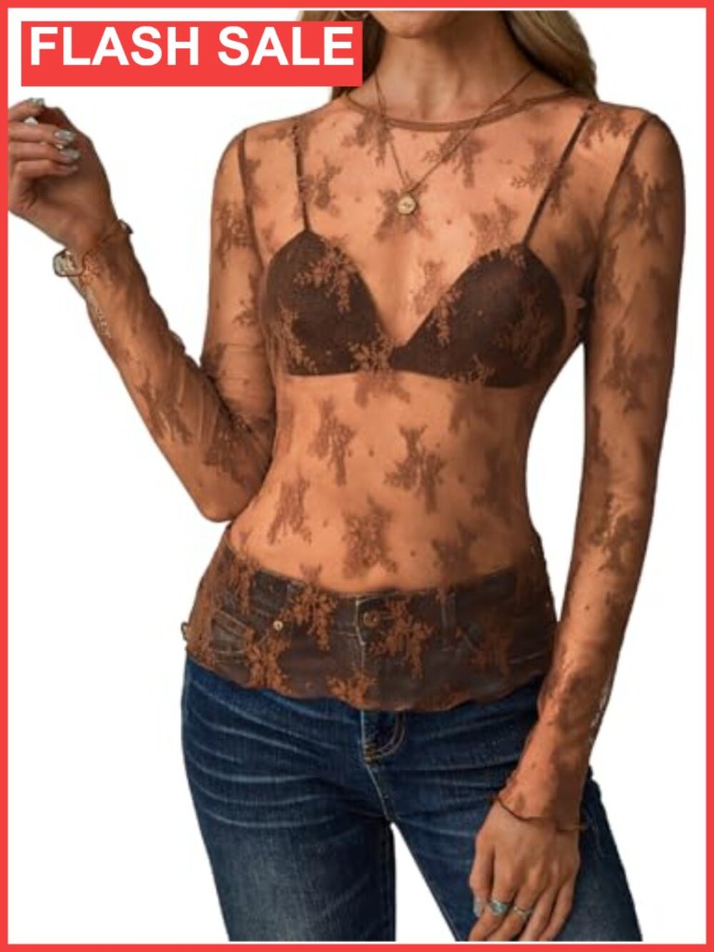 Sheer Mesh Long Sleeve Floral Embroidered Crew Neck Blouse